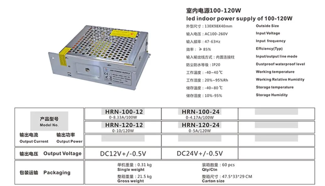 120W 24V Output Non-Waterproof IP20 Indoor Switching LED Power Supply