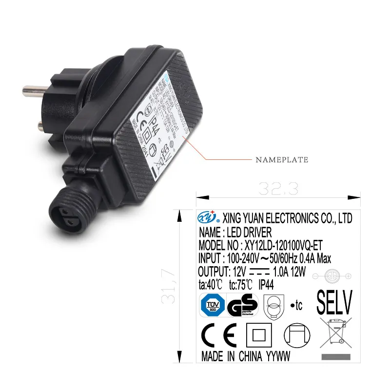 12V 0.5A 1.0A 2.0A IP44 Waterproof LED Driver with TUV CE GS Approval