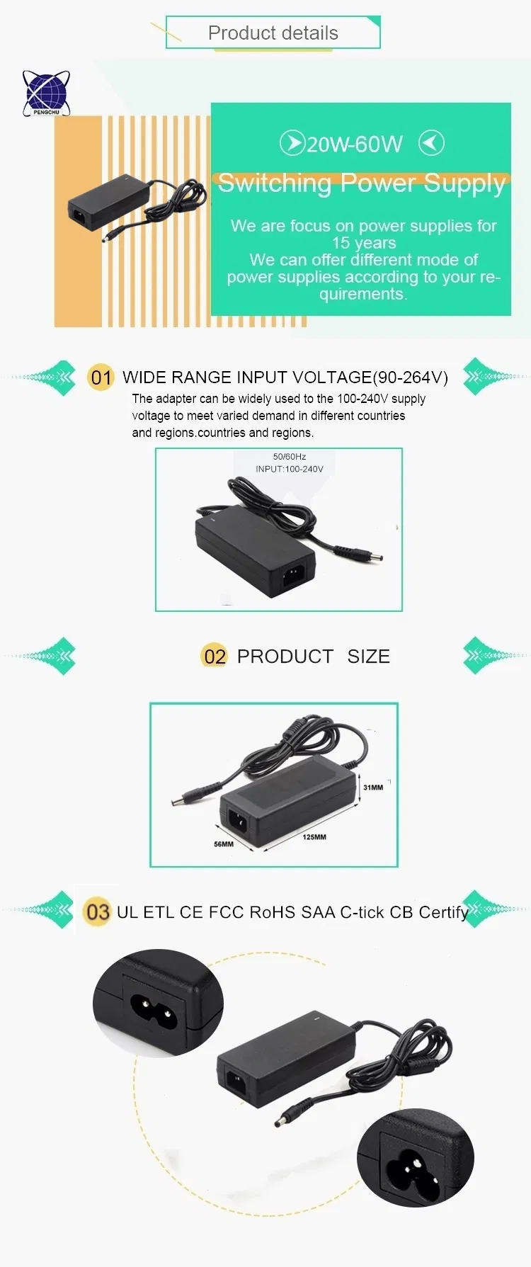 12V 5.0A To Connector Computer Master Massage Chair Universal Input CE UL FCC Approval 5A 5000mA 24va AC DC Power Adapter