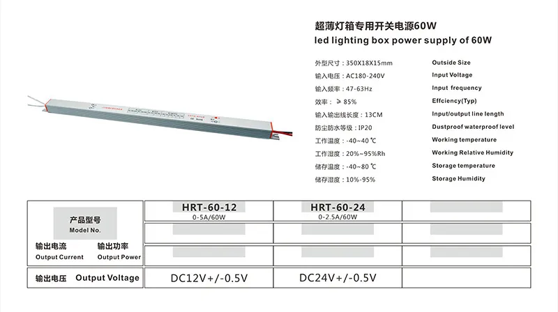 12V 5A / 24V 2.5A / 60W Ultra Thin Ultra Slim Lighting Box Switching Mode LED Linear Power Supply