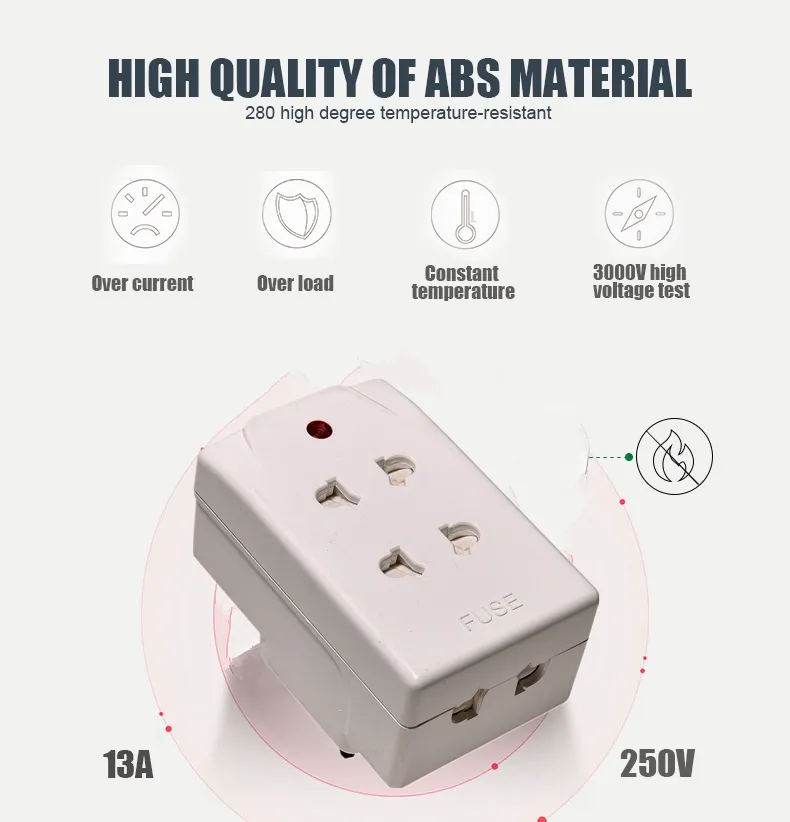 13AMP 2 Pin Fused Plug Extension Adaptor with Light