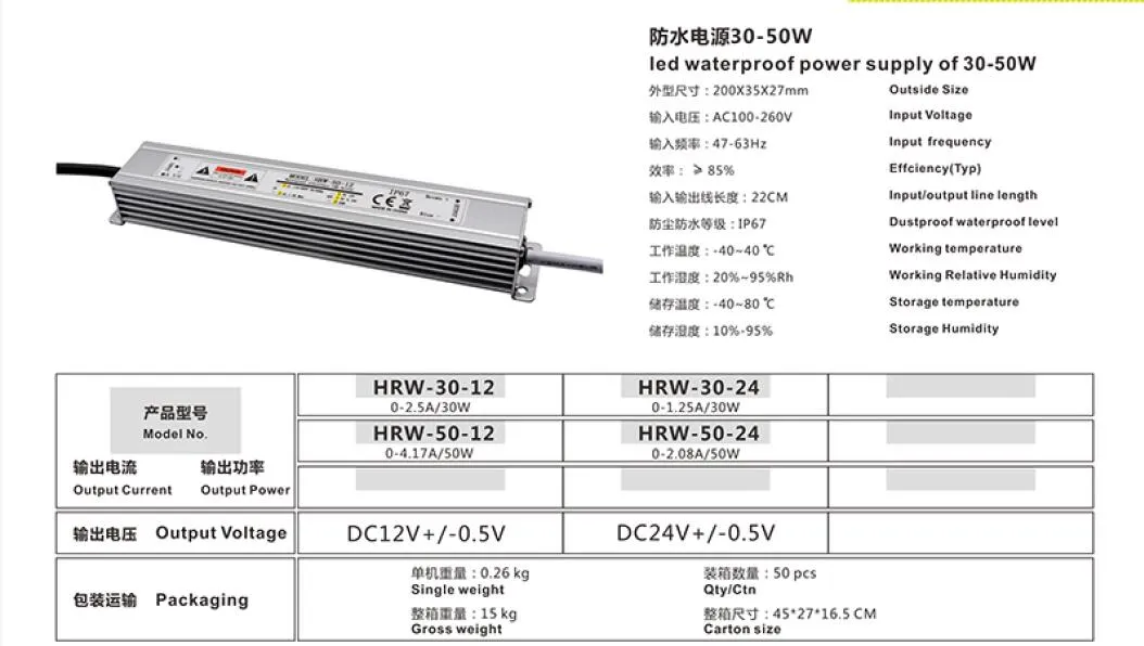 30W 12V AC/DC Dustproof Waterproof Outdoor IP67 Switching LED Power Supply