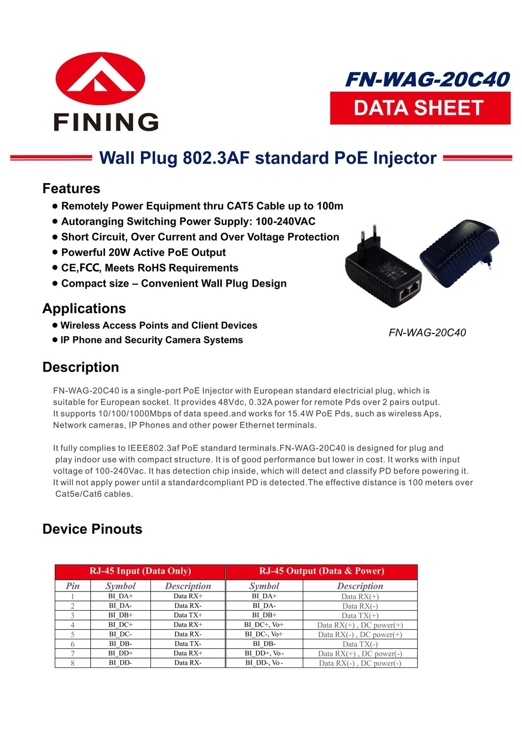 48V320mA/15.4W Gigabit Wall Plug 802.3af Standard Poe Adapter for Wireless Aps, Network Cameras