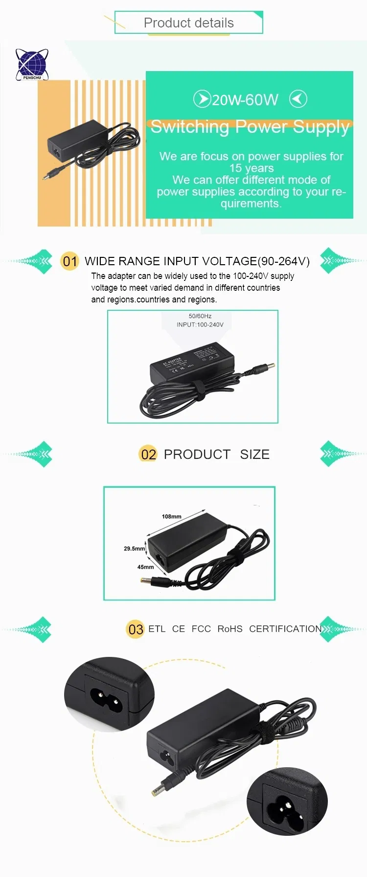 AC DC Switch Power Adapter 12V 5A 60W for LED Strip Lights