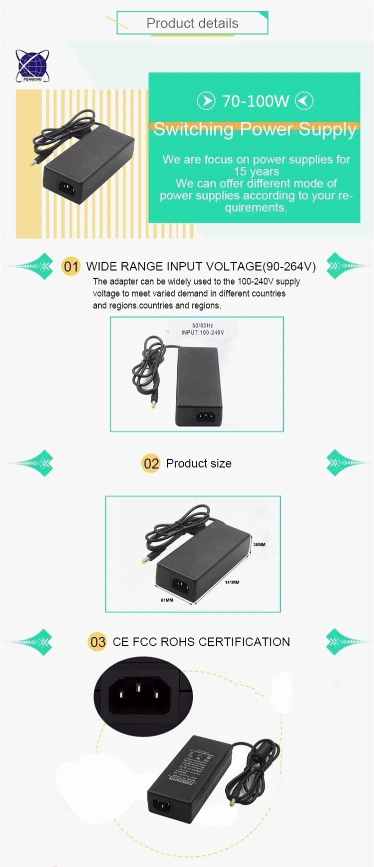 Desktop 72W 24V 3A AC DC Switch Power Adaptor for Printer
