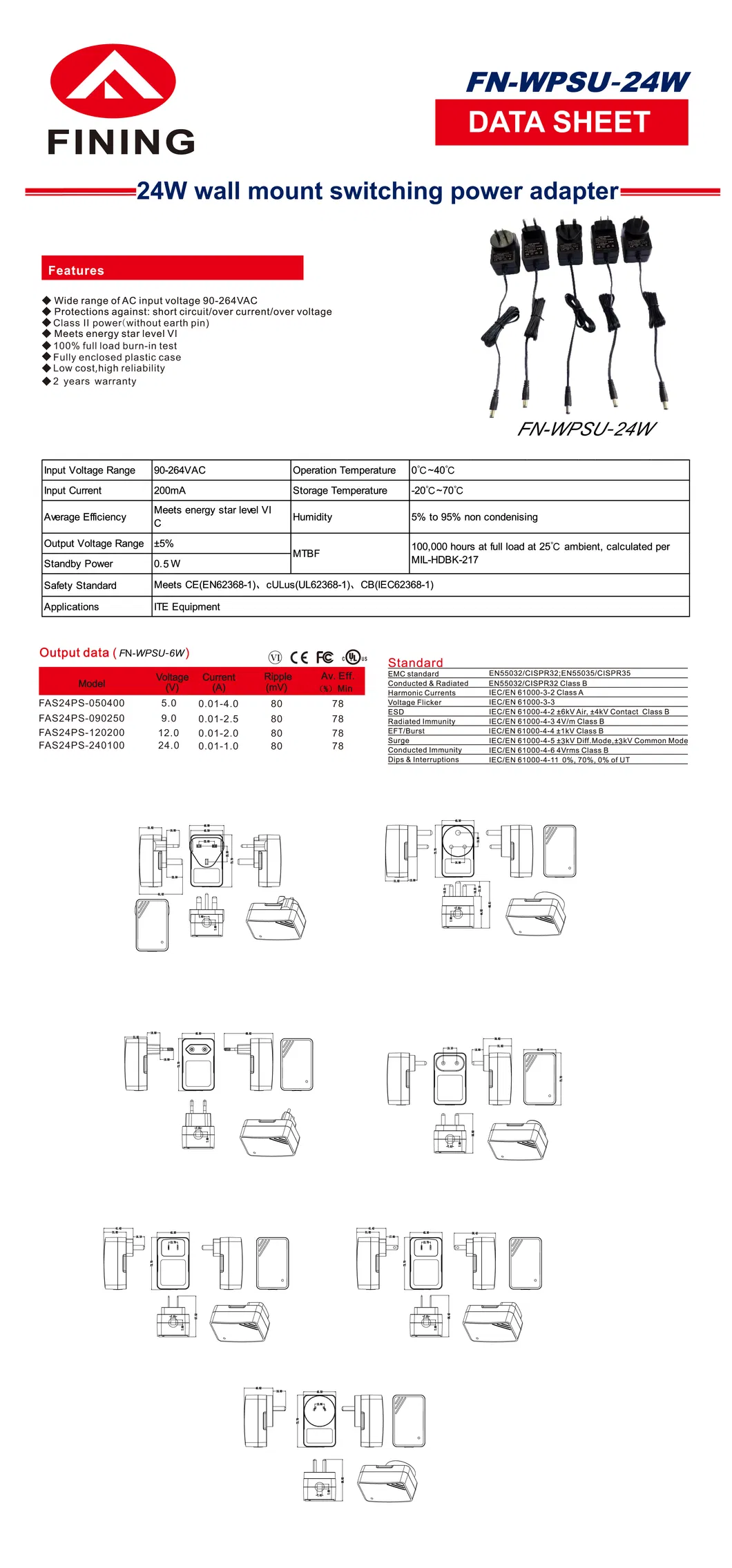 Free Sample OEM Universal EU Au Us UK Plug 24W/5V 9V 12V 24V AC DC Switching Power Adapter with UL CE FCC