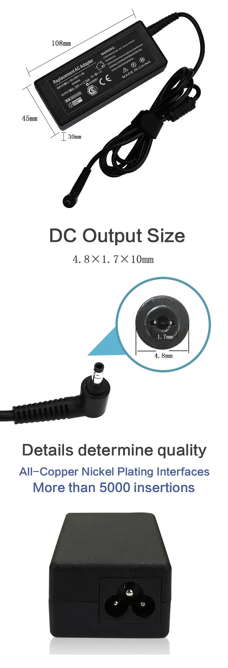 Laptop Adapter Notebook Charger 14.85V/3.05A 45W T-Tips for APP