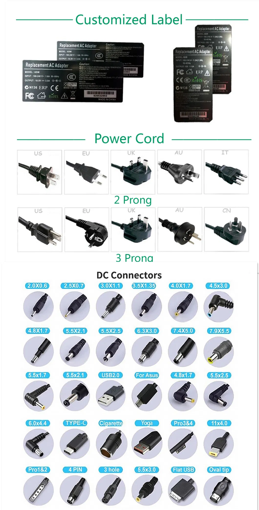 Notebook Charger 19V 3.42A AC DC Power Adapter Power Supply for Asus/Acer/Liteon/HP/DELL/Delta/Samsung