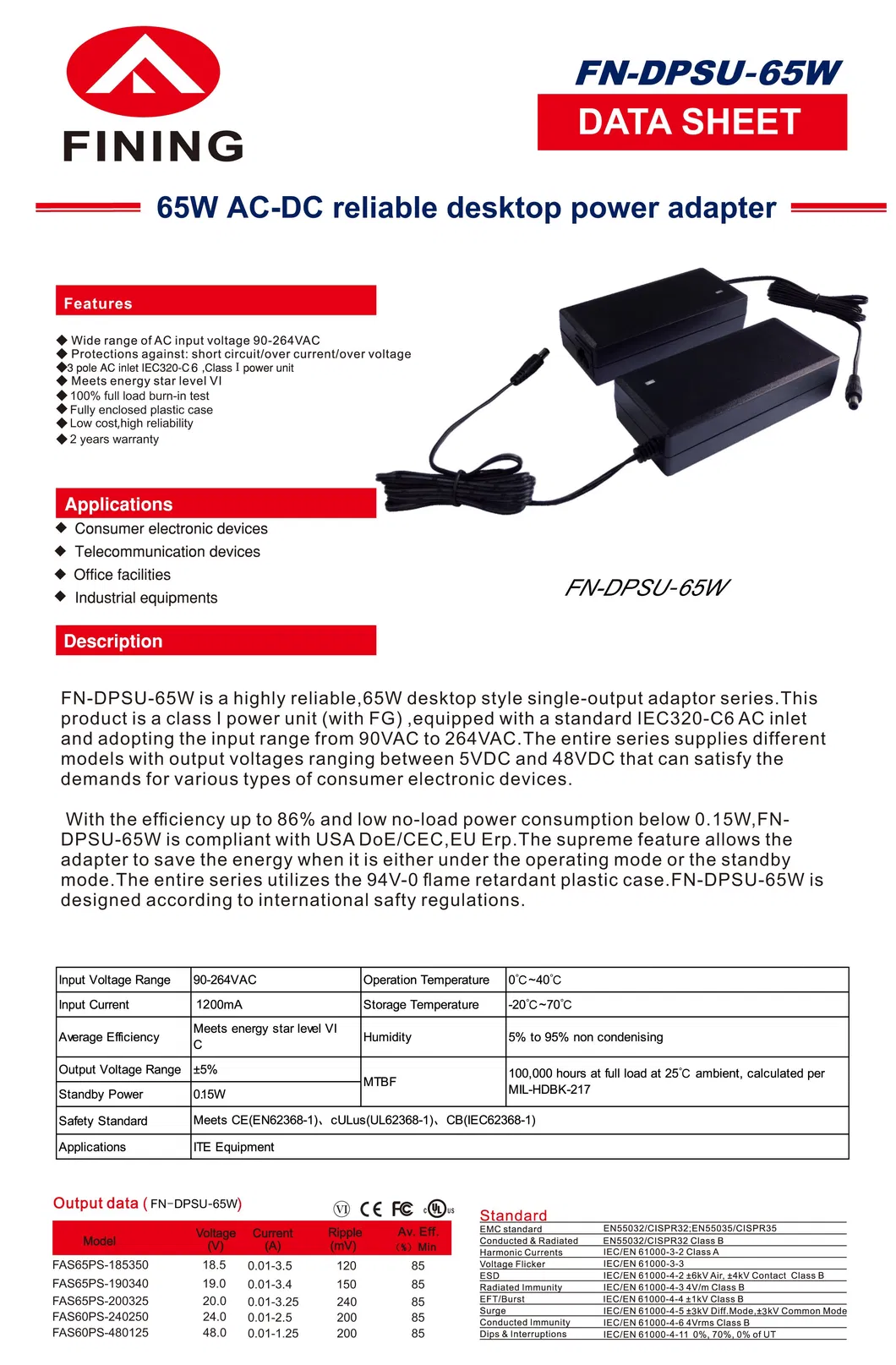 OEM 34V2a AC-DC Reliable Waterproof Switching Power Adapter with CE, FCC, UL, ETL