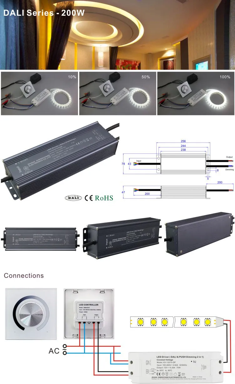 Sc 90-130V 170-265V AC 200W Dali LED Dimming Constant Voltage LED Power Supply