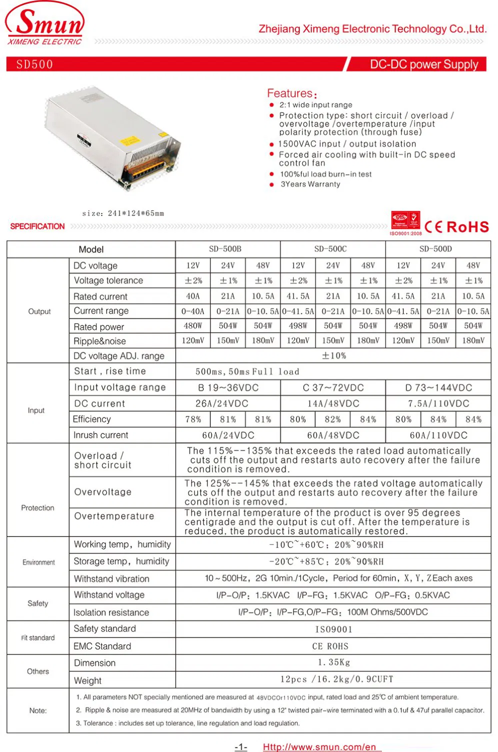SD-500c-24 500W 48VDC to 24VDC 21A Isolated DC DC Converter