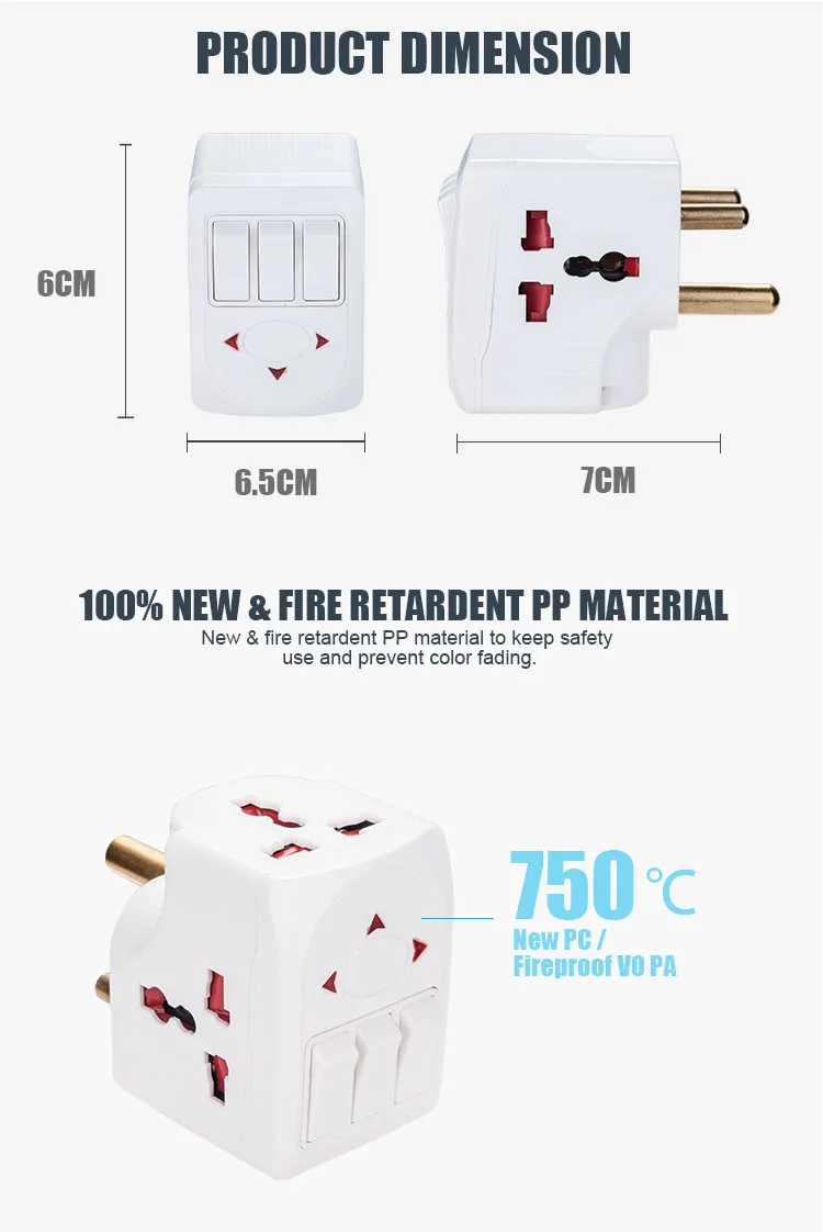 South Africa 15A Fuse Plug 3 Way Multi Adaptor with Individual Switch and Light