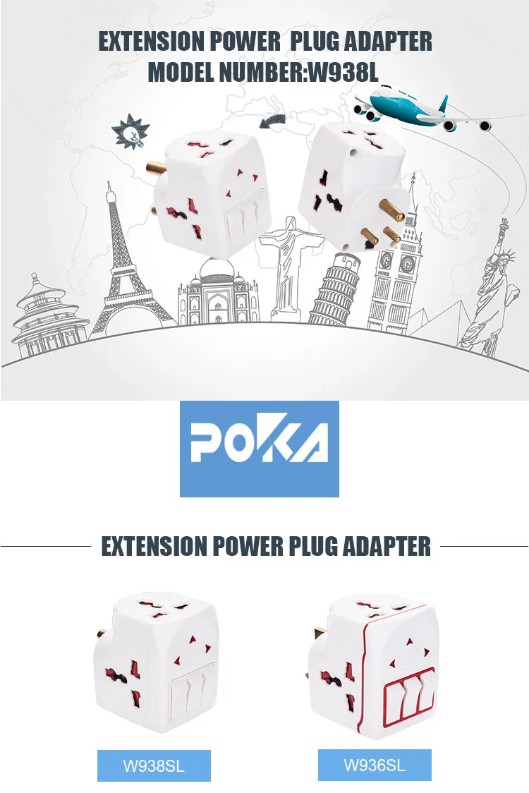 South Africa 15A Fuse Plug 3 Way Multi Adaptor with Individual Switch and Light