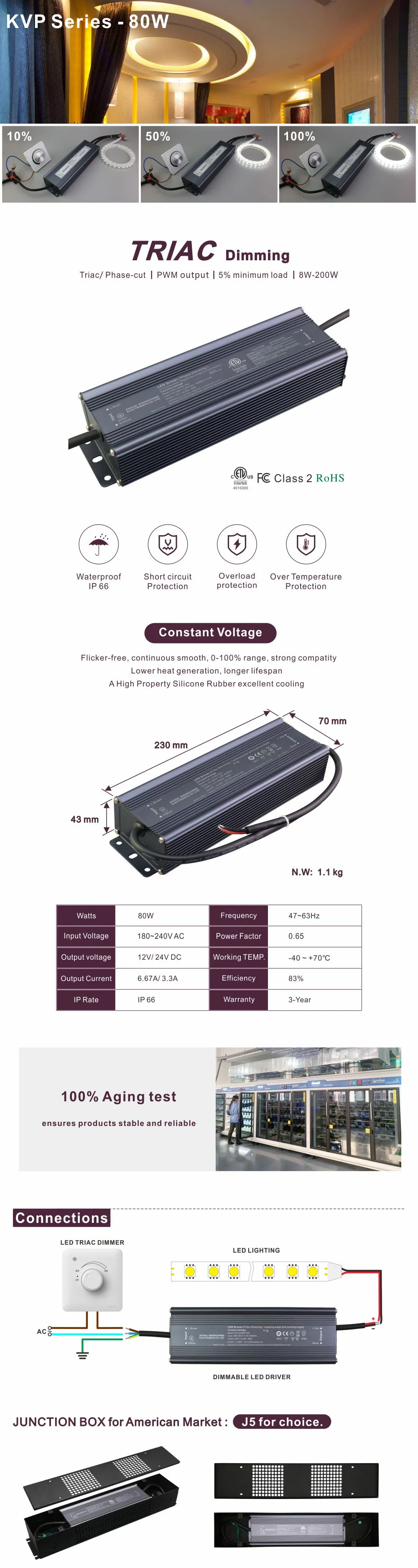Triac Dimmable Metal Shell 80W 12V 24V LED Driver for LEDs Lighting
