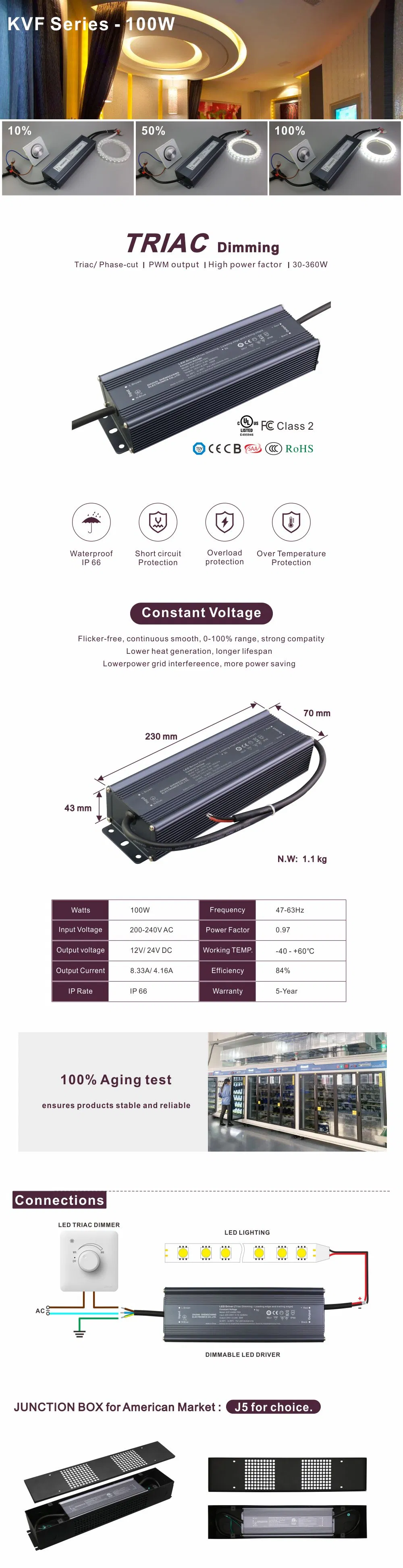 Waterproof IP66 Power Supply 100W 12V 24V Output Triac PWM Professional Dimmable LED Driver